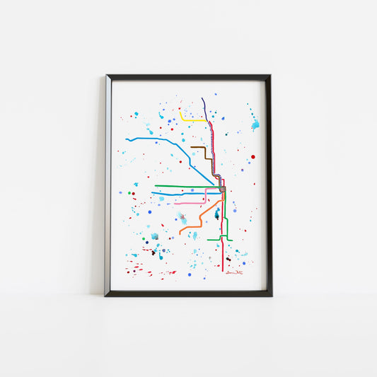 Chicago L Map 12x16 Wall Art Print Watercolor Painting - New Life Calligraphy