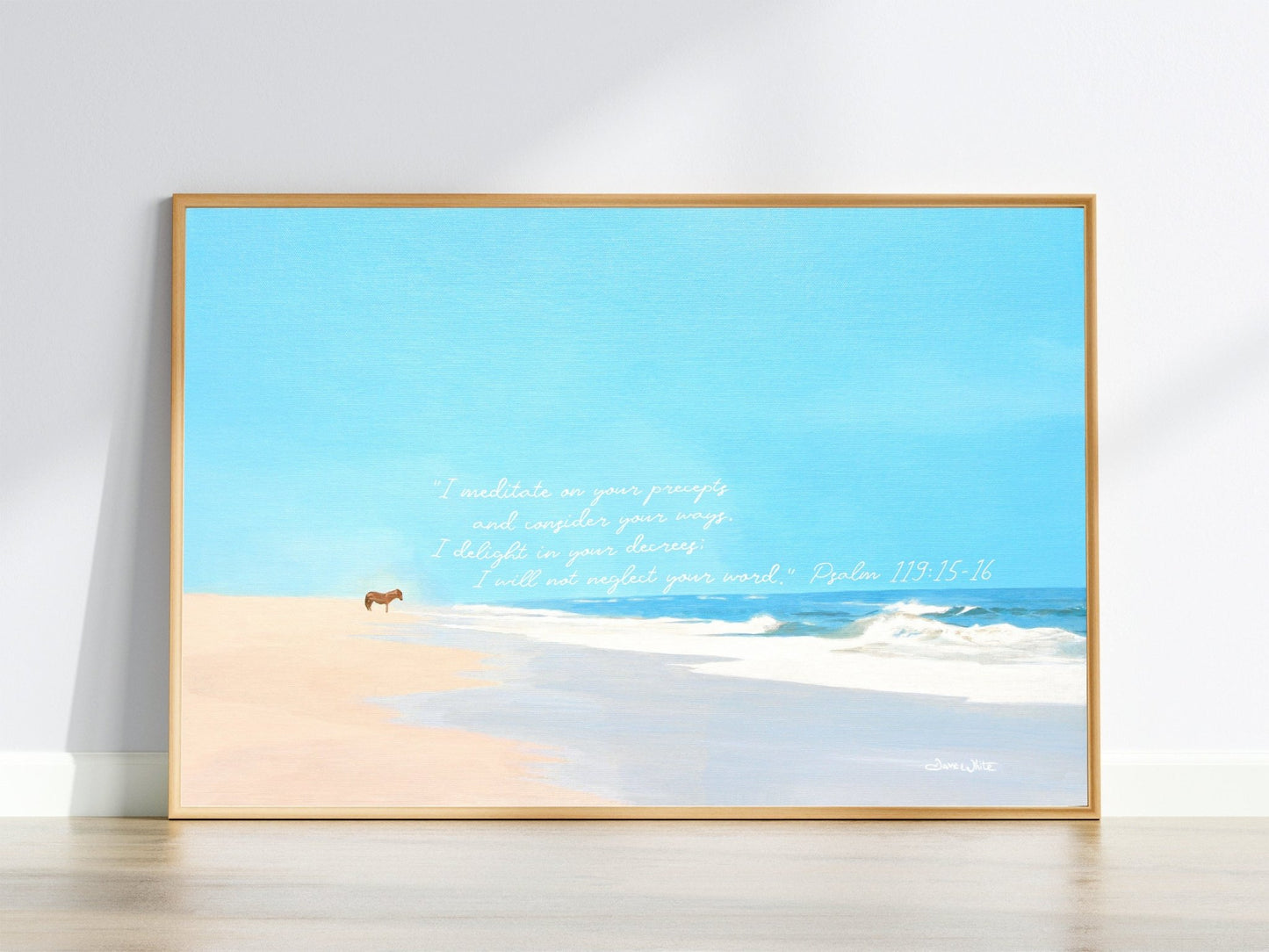 Christian Art Print 12x18 Psalm 119:15 - 16 Assateague Island Wild Horse Seascape Painting - New Life Calligraphy