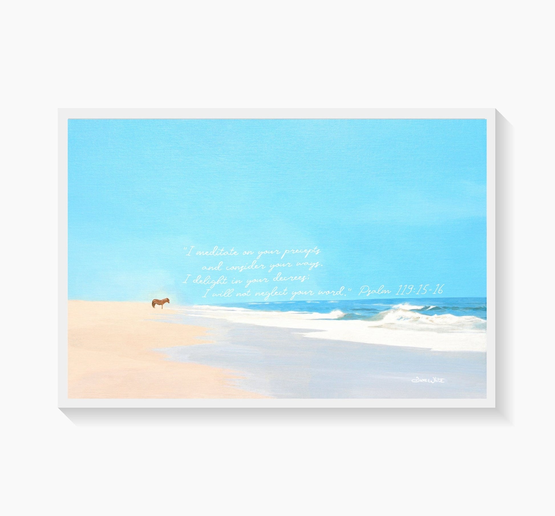 Christian Art Print 12x18 Psalm 119:15 - 16 Assateague Island Wild Horse Seascape Painting - New Life Calligraphy