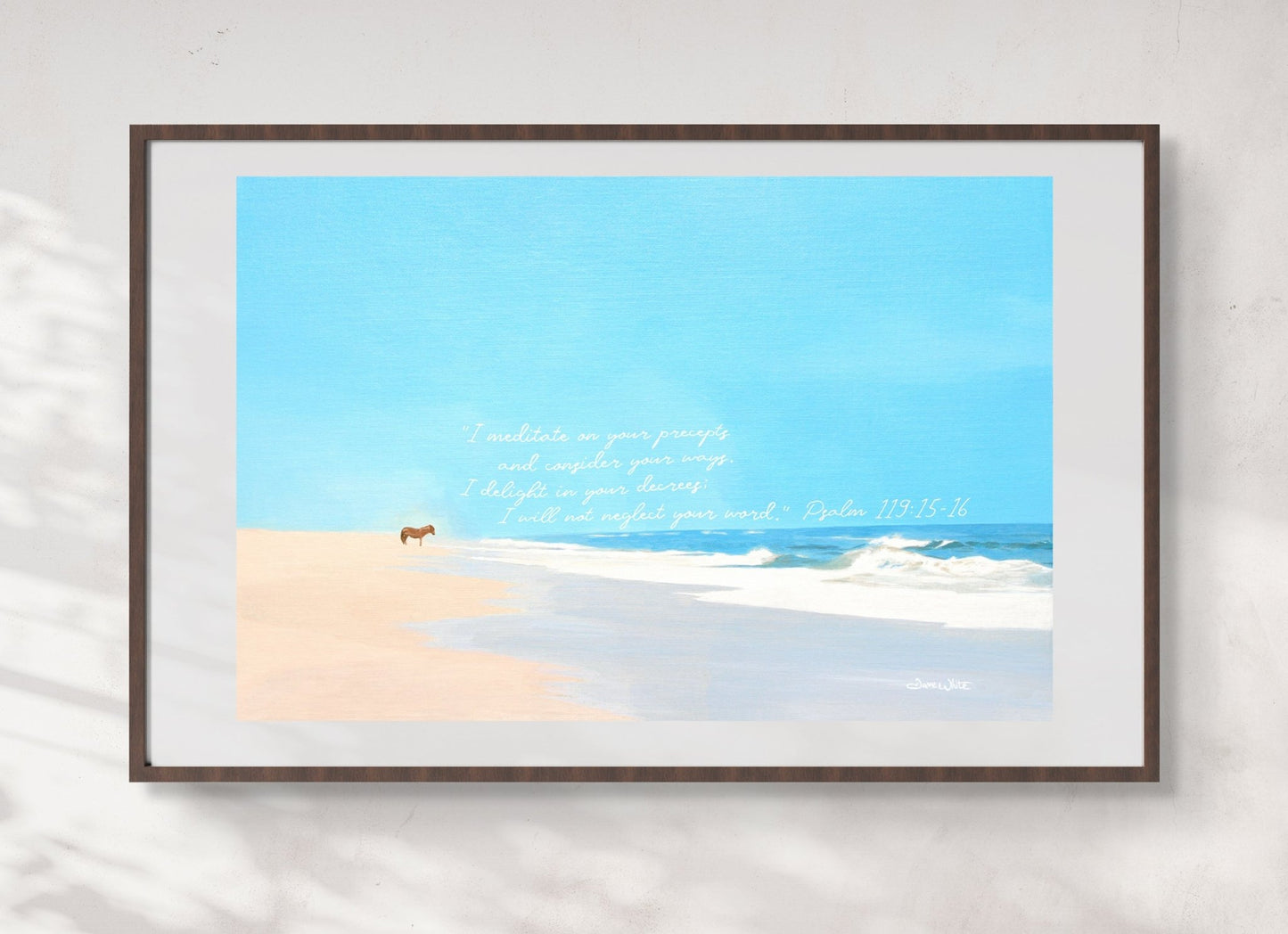 Christian Art Print 12x18 Psalm 119:15 - 16 Assateague Island Wild Horse Seascape Painting - New Life Calligraphy