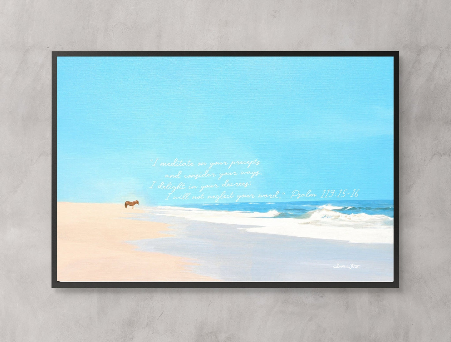 Christian Art Print 12x18 Psalm 119:15 - 16 Assateague Island Wild Horse Seascape Painting - New Life Calligraphy