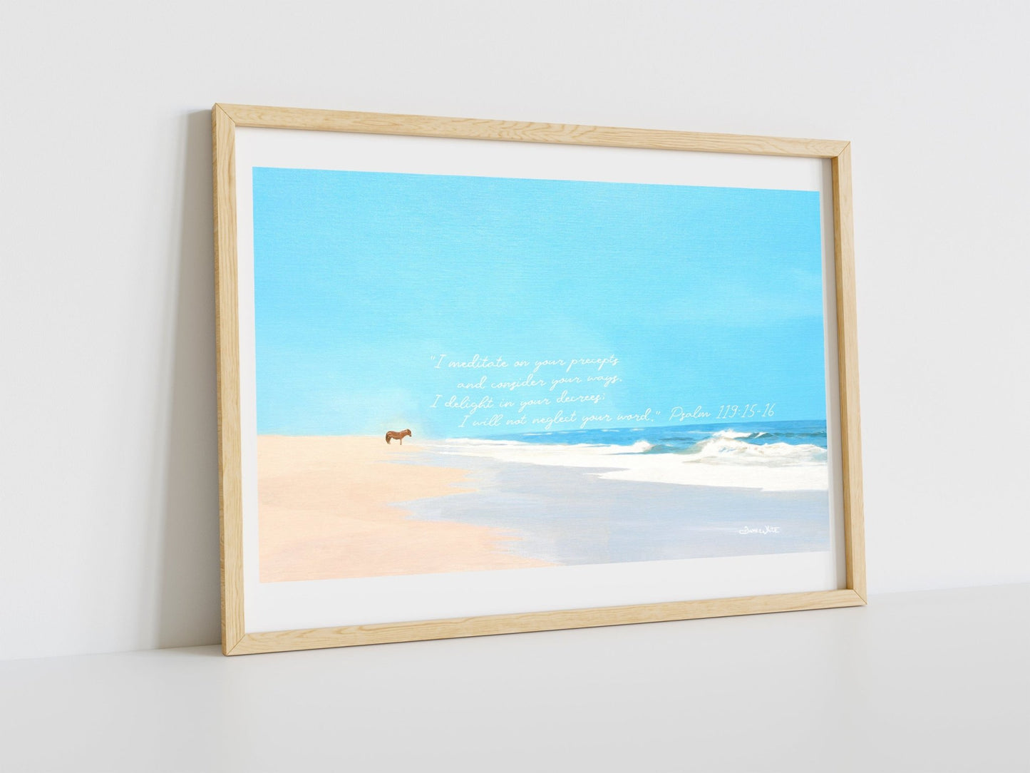 Christian Art Print 12x18 Psalm 119:15 - 16 Assateague Island Wild Horse Seascape Painting - New Life Calligraphy