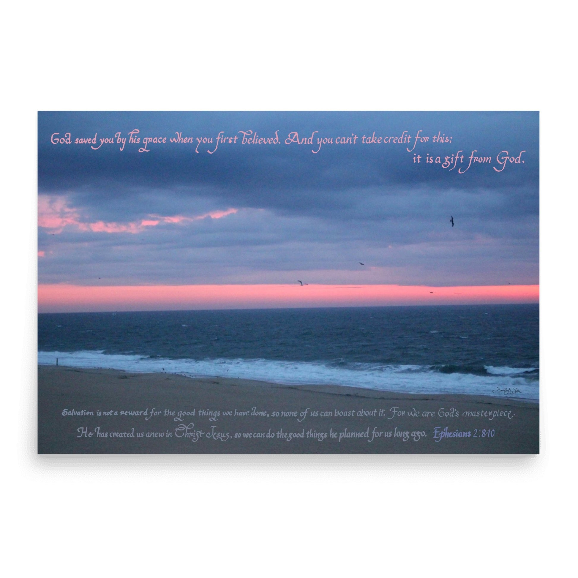 Christian Calligraphy Art Print Salvation Ephesians 2:8 - 10 Ocean City, Maryland Sunrise Photography - New Life Calligraphy