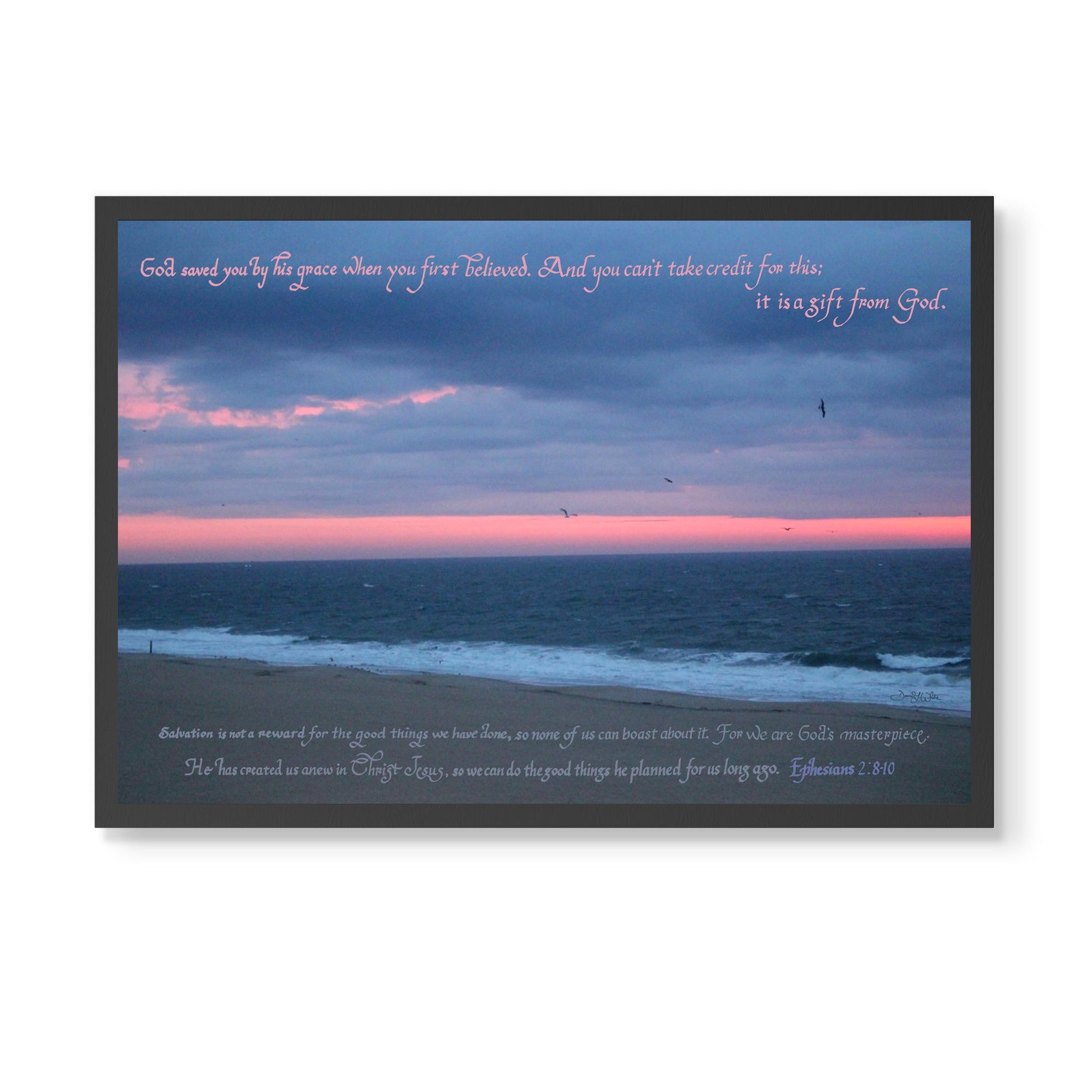 Christian Calligraphy Art Print Salvation Ephesians 2:8 - 10 Ocean City, Maryland Sunrise Photography - New Life Calligraphy