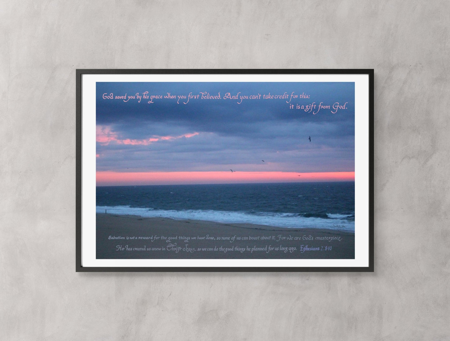 Christian Wall Art 13x19 Print Saved by Grace Ephesians 2:8 - 10 Ocean City, Maryland Sunrise - New Life Calligraphy