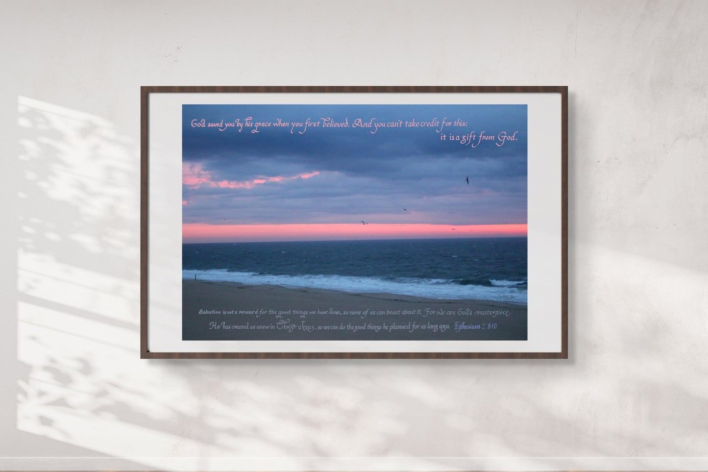 Christian Wall Art 13x19 Print Saved by Grace Ephesians 2:8 - 10 Ocean City, Maryland Sunrise - New Life Calligraphy