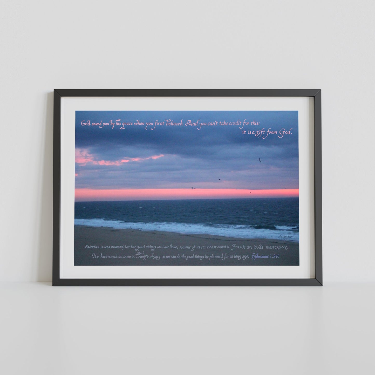 Christian Wall Art 13x19 Print Saved by Grace Ephesians 2:8 - 10 Ocean City, Maryland Sunrise - New Life Calligraphy