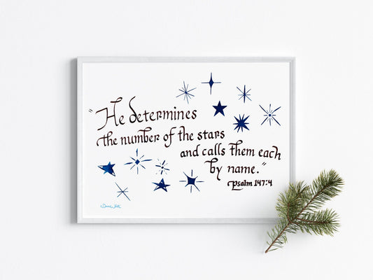 Stars Bible Verse Calligraphy Art Print Psalm 147:4 - New Life Calligraphy