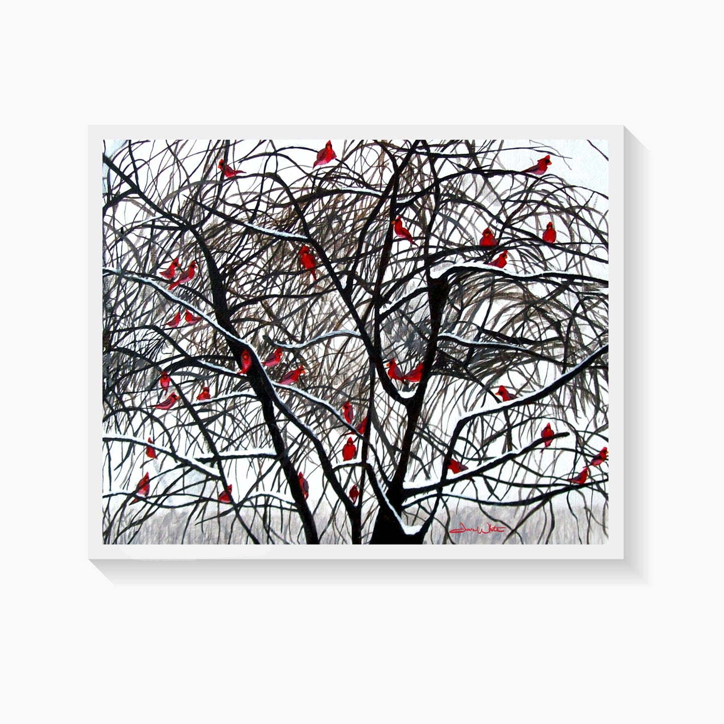 Winter Cardinal Birds Painting Art Print - Dave White Artist