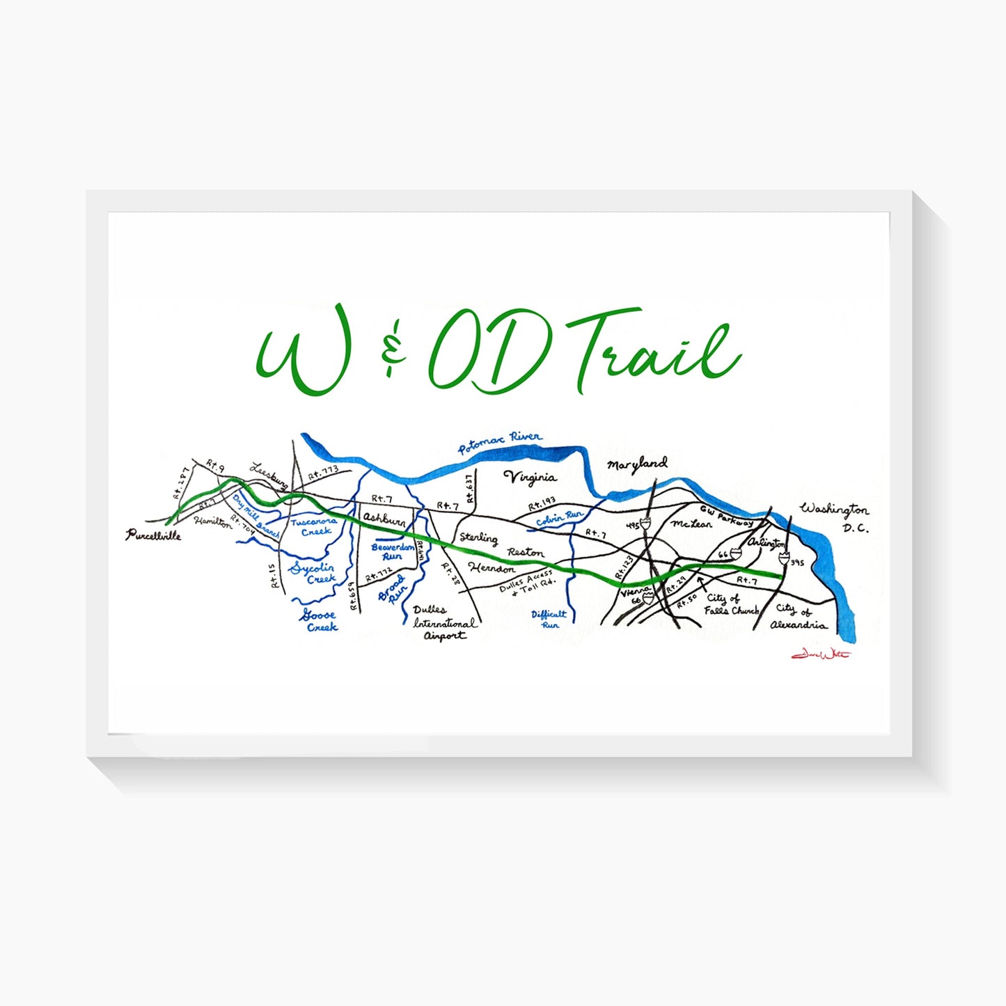 W&OD Trail Map Art Print - Dave White Artist